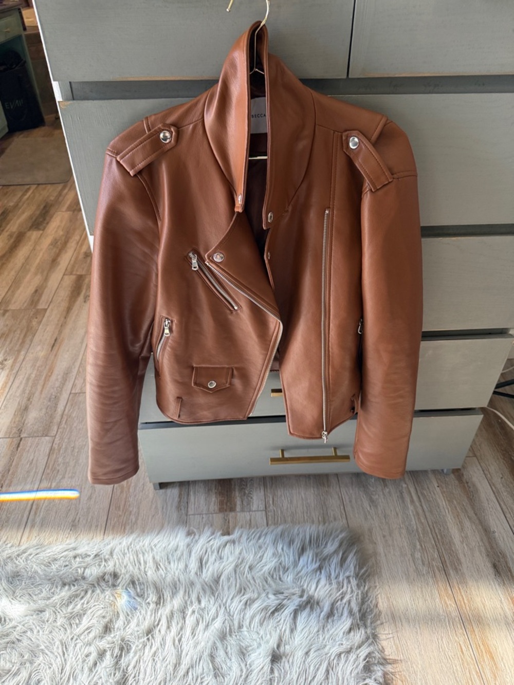 Rebecca Minkoff Cognac faux Leather Asymmetric Moto Jacket